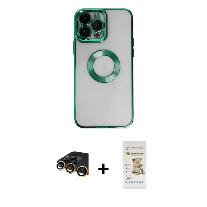 MARSİLYAN™- iPhone 14 Pro Kılıf Pusula Form - Siyah Mat Seramik Nano Ekran Koruyucu + Raze Metal Kamera Lens - GD