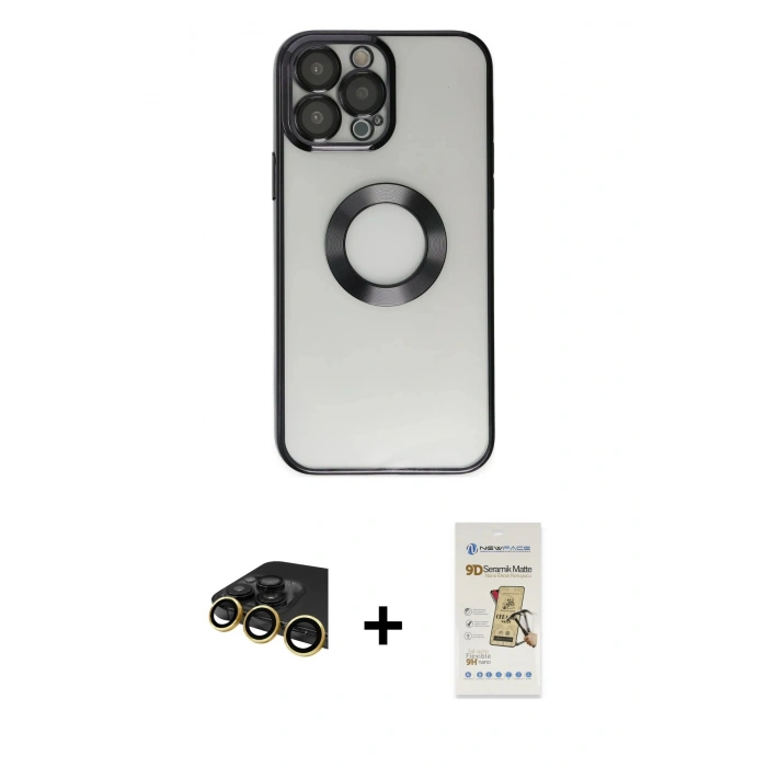 MARSİLYAN™- iPhone 14 Pro Kılıf Pusula Form - Siyah Mat Seramik Nano Ekran Koruyucu + Raze Metal Kamera Lens - GD