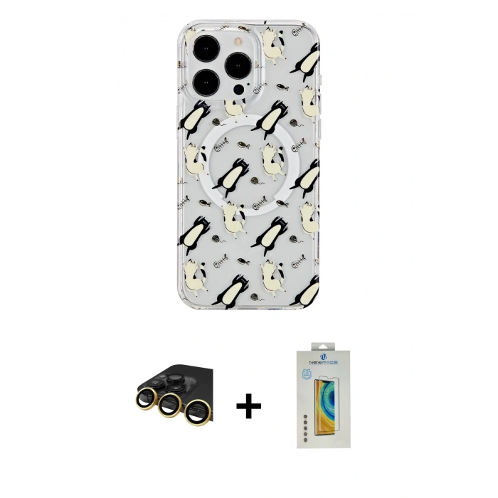 MARSİLYAN™- iPhone 14 Pro Kılıf Pusula Form - Siyah Polymer Nano Ekran Koruyucu + Raze Metal Kamera Lens - GD