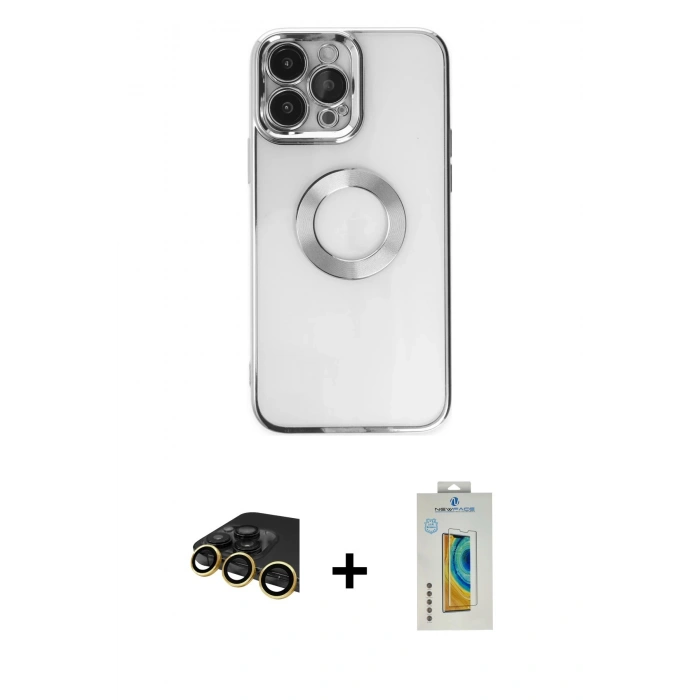 MARSİLYAN™- iPhone 14 Pro Kılıf Pusula Form - Siyah Polymer Nano Ekran Koruyucu + Raze Metal Kamera Lens - GD