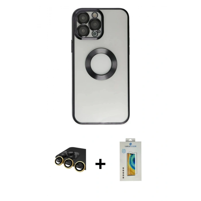 MARSİLYAN™- iPhone 14 Pro Kılıf Pusula Form - Siyah Polymer Nano Ekran Koruyucu + Raze Metal Kamera Lens - GD