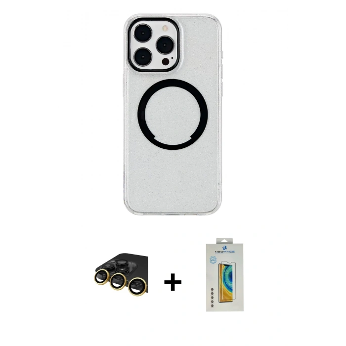 MARSİLYAN™- iPhone 14 Pro Kılıf Pusula Form - Siyah Polymer Nano Ekran Koruyucu + Raze Metal Kamera Lens - GD