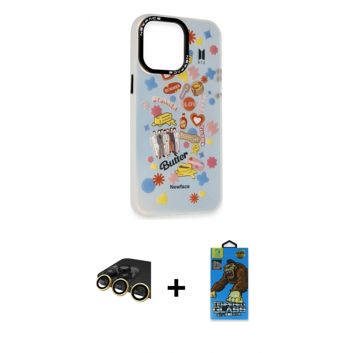 MARSİLYAN™- iPhone 14 Pro Kılıf Siluet Çizgi Koleksiyonu - Siyah 18D Cam Ekran Koruyucu + Raze Metal Kamera Lens - GD