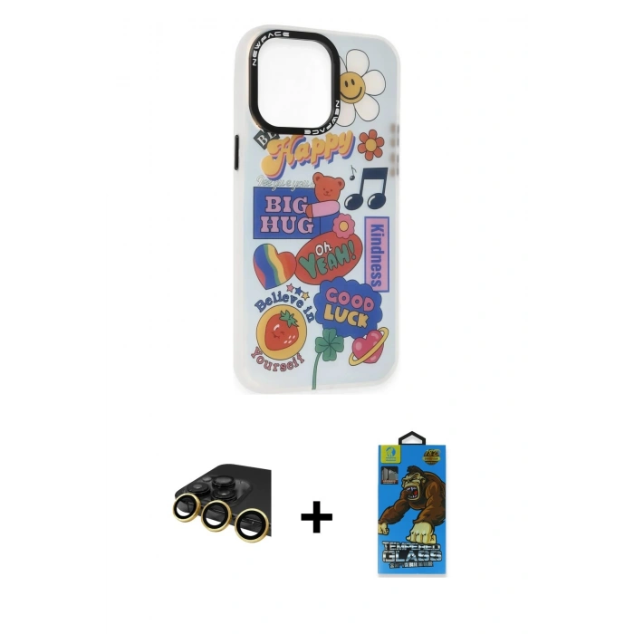 MARSİLYAN™- iPhone 14 Pro Kılıf Siluet Çizgi Koleksiyonu - Siyah 18D Cam Ekran Koruyucu + Raze Metal Kamera Lens - GD