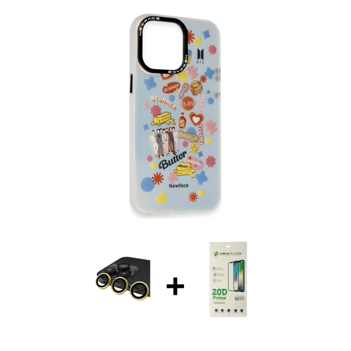 MARSİLYAN™- iPhone 14 Pro Kılıf Siluet Çizgi Koleksiyonu - Siyah 20D Premium Cam Ekran Koruyucu + Gold Raze Metal Kamera Lens