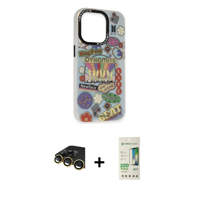 MARSİLYAN™- iPhone 14 Pro Kılıf Siluet Çizgi Koleksiyonu - Siyah 20D Premium Cam Ekran Koruyucu + Gold Raze Metal Kamera Lens