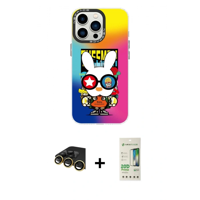 MARSİLYAN™- iPhone 14 Pro Kılıf Siluet Çizgi Koleksiyonu - Siyah 20D Premium Cam Ekran Koruyucu + Gold Raze Metal Kamera Lens