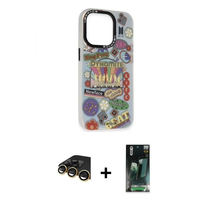 MARSİLYAN™- iPhone 14 Pro Kılıf Siluet Çizgi Koleksiyonu - Siyah 360 Mat Full Body Arka Koruyucu + Raze Metal Kamera Lens - GD
