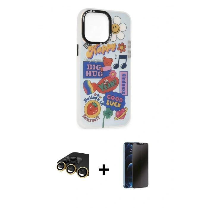 MARSİLYAN™- iPhone 14 Pro Kılıf Siluet Çizgi Koleksiyonu - Siyah 3D Antistatik Hayalet Cam Ekran Koruyucu + Raze Metal Kamera Lens - GD