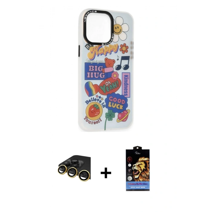 MARSİLYAN™- iPhone 14 Pro Kılıf Siluet Çizgi Koleksiyonu - Siyah Buffer Hayalet Cam Ekran Koruyucu + Raze Metal Kamera Lens - GD