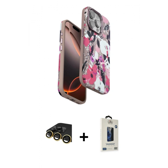 MARSİLYAN™- iPhone 14 Pro Kılıf Siluet Doku - Siyah Bilvis Hayalet Cam Ekran Koruyucu + Raze Metal Kamera Lens - GD