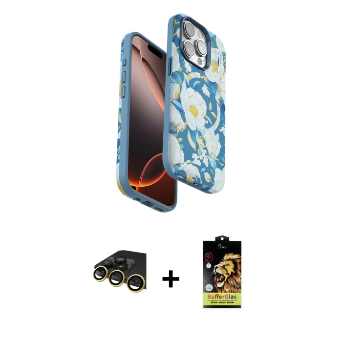 MARSİLYAN™- iPhone 14 Pro Kılıf Siluet Doku - Siyah Buffer Cam Ekran Koruyucu + Raze Metal Kamera Lens - GD