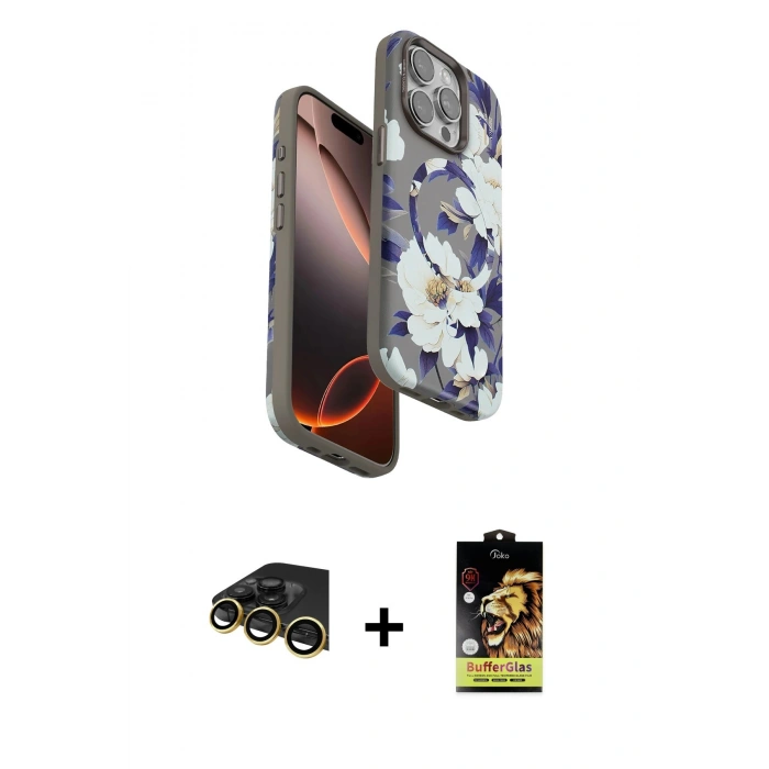 MARSİLYAN™- iPhone 14 Pro Kılıf Siluet Doku - Siyah Buffer Cam Ekran Koruyucu + Raze Metal Kamera Lens - GD