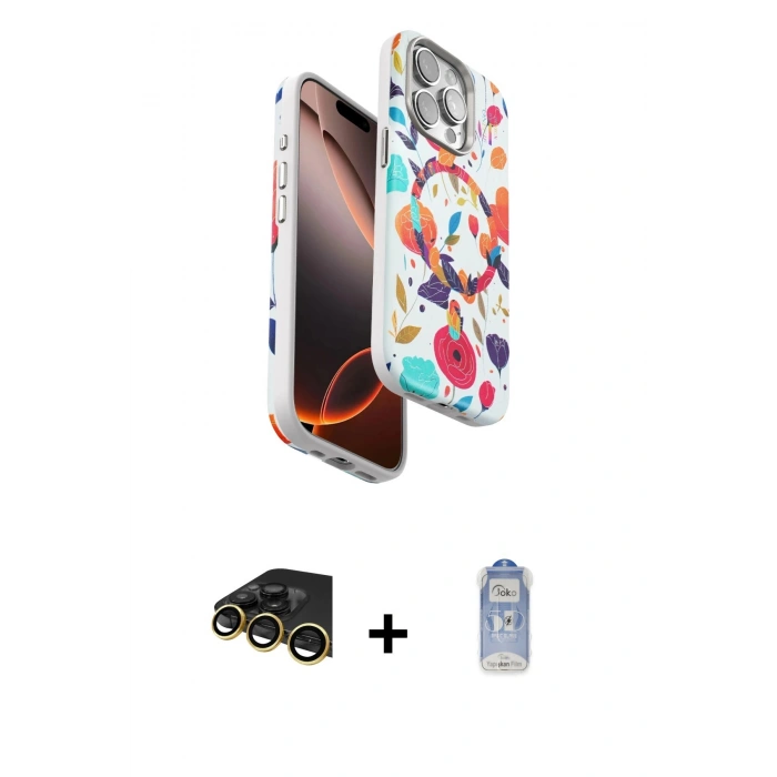 MARSİLYAN™- iPhone 14 Pro Kılıf Siluet Doku - Siyah Joko Magic 5D Cam + Gold Raze Metal Kamera Lens