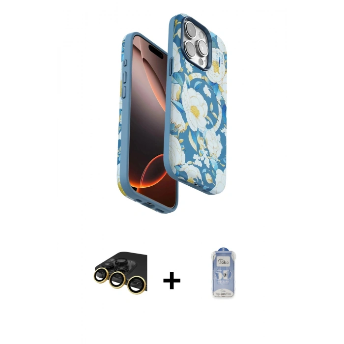 MARSİLYAN™- iPhone 14 Pro Kılıf Siluet Doku - Siyah Joko Magic 5D Cam + Gold Raze Metal Kamera Lens