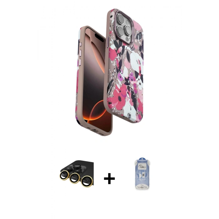 MARSİLYAN™- iPhone 14 Pro Kılıf Siluet Doku - Siyah Joko Magic 5D Cam + Gold Raze Metal Kamera Lens