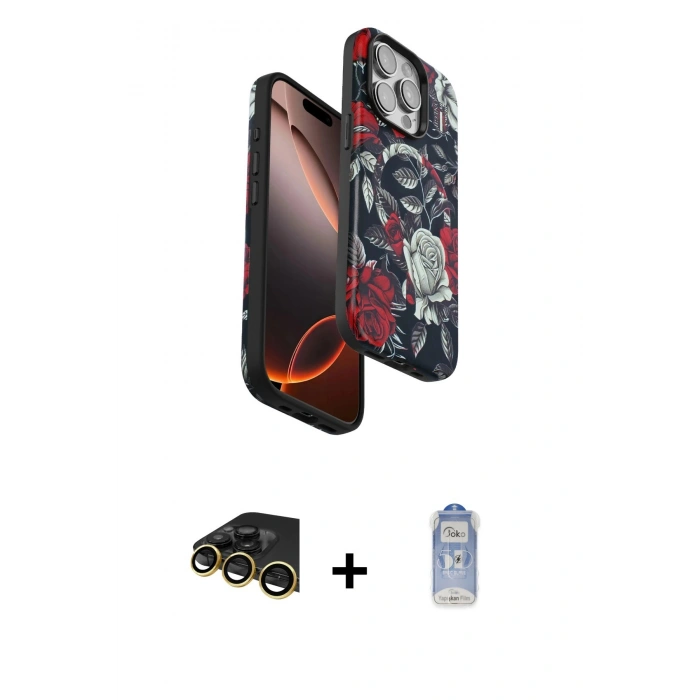 MARSİLYAN™- iPhone 14 Pro Kılıf Siluet Doku - Siyah Joko Magic 5D Cam + Gold Raze Metal Kamera Lens