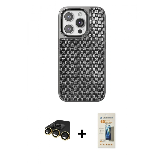 MARSİLYAN™- iPhone 14 Pro Kılıf Siluet Form Serisi - Siyah 6D Mat Seramik Hayalet Nano Ekran Koruyucu + Raze Metal Kamera Lens - GD