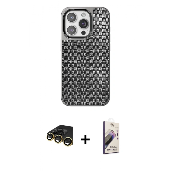 MARSİLYAN™- iPhone 14 Pro Kılıf Siluet Form Serisi - Siyah Bilvis 3D Mat Cam Ekran Koruyucu + Raze Metal Kamera Lens - GD