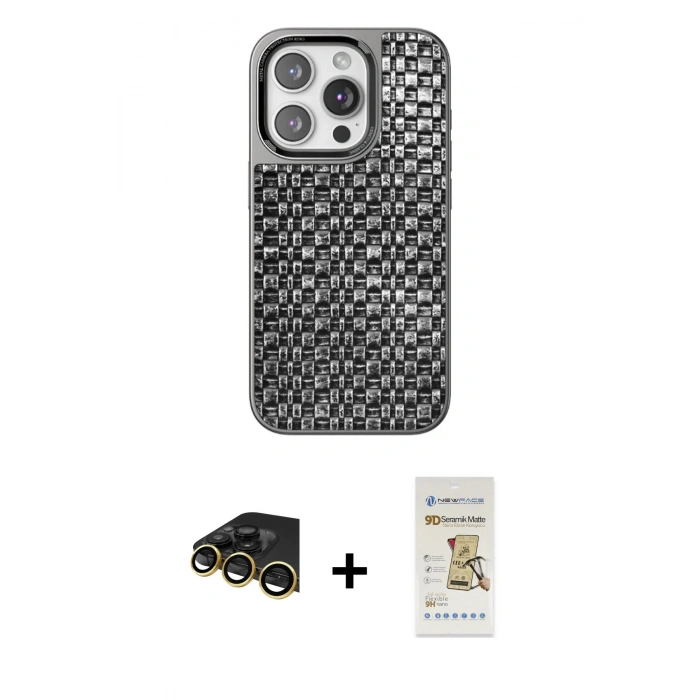 MARSİLYAN™- iPhone 14 Pro Kılıf Siluet Form Serisi - Siyah Mat Seramik Nano Ekran Koruyucu + Raze Metal Kamera Lens - GD