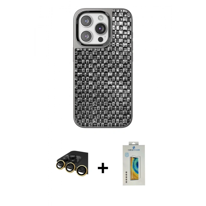MARSİLYAN™- iPhone 14 Pro Kılıf Siluet Form Serisi - Siyah Polymer Nano Ekran Koruyucu + Gold Raze Metal Kamera Lens