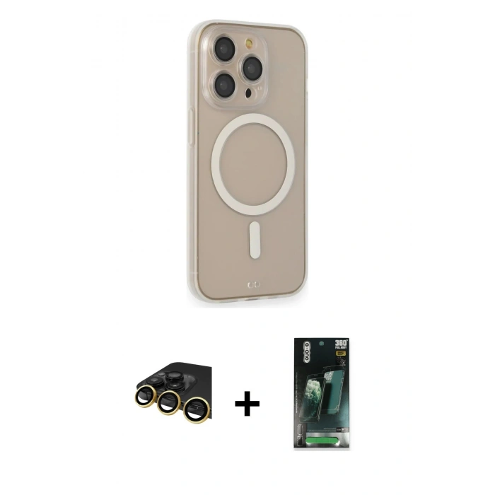 MARSİLYAN™- iPhone 14 Pro Kılıf Siluet Işık Koleksiyonu - Siyah 360 Mat Full Body Arka Koruyucu + Gold Raze Metal Kamera Lens
