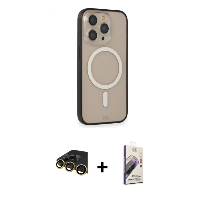 MARSİLYAN™- iPhone 14 Pro Kılıf Siluet Işık Koleksiyonu - Siyah Bilvis 3D Mat Cam Ekran Koruyucu + Raze Metal Kamera Lens - GD