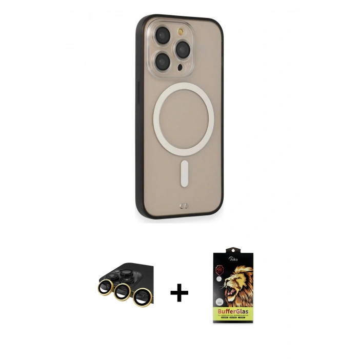 MARSİLYAN™- iPhone 14 Pro Kılıf Siluet Işık Koleksiyonu - Siyah Buffer Cam Ekran Koruyucu + Raze Metal Kamera Lens - GD