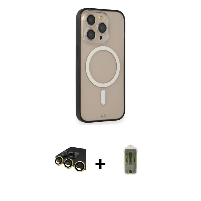 MARSİLYAN™- iPhone 14 Pro Kılıf Siluet Işık Koleksiyonu - Siyah Joko Magic 5D Hayalet Cam + Gold Raze Metal Kamera Lens