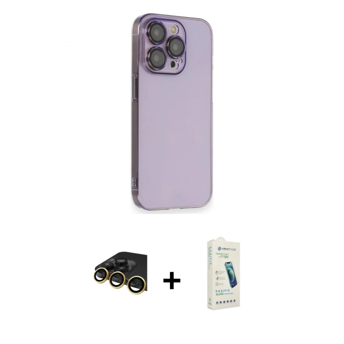 MARSİLYAN™- iPhone 14 Pro Kılıf Siluet Minimal Özel Seri - Şeffaf Pasifik Cam Ekran Koruyucu + Raze Metal Kamera Lens - GD