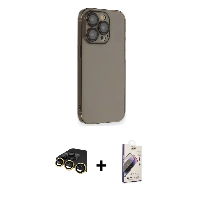 MARSİLYAN™- iPhone 14 Pro Kılıf Siluet Minimal Özel Seri - Siyah Bilvis 3D Mat Cam Ekran Koruyucu + Raze Metal Kamera Lens - GD