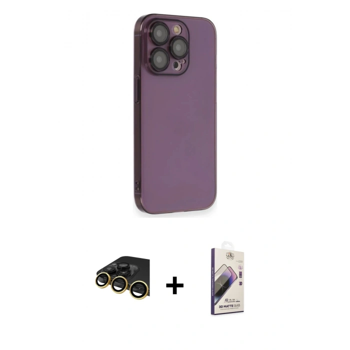 MARSİLYAN™- iPhone 14 Pro Kılıf Siluet Minimal Özel Seri - Siyah Bilvis 3D Mat Cam Ekran Koruyucu + Raze Metal Kamera Lens - GD