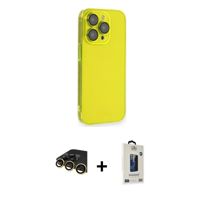 MARSİLYAN™- iPhone 14 Pro Kılıf Siluet Minimal Özel Seri - Siyah Bilvis Hayalet Cam Ekran Koruyucu + Gold Raze Metal Kamera Lens