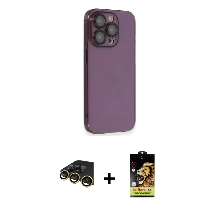 MARSİLYAN™- iPhone 14 Pro Kılıf Siluet Minimal Özel Seri - Siyah Buffer Cam Ekran Koruyucu + Raze Metal Kamera Lens - GD