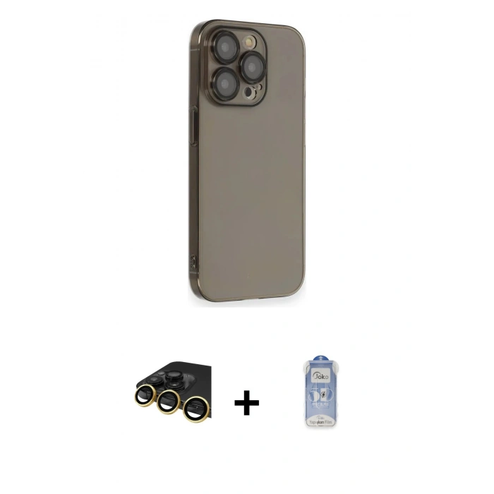 MARSİLYAN™- iPhone 14 Pro Kılıf Siluet Minimal Özel Seri - Siyah Joko Magic 5D Cam + Gold Raze Metal Kamera Lens