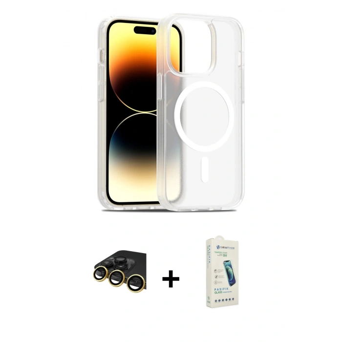 MARSİLYAN™- iPhone 14 Pro Kılıf Siluet Minimal Prime - Şeffaf Pasifik Cam Ekran Koruyucu + Raze Metal Kamera Lens - GD