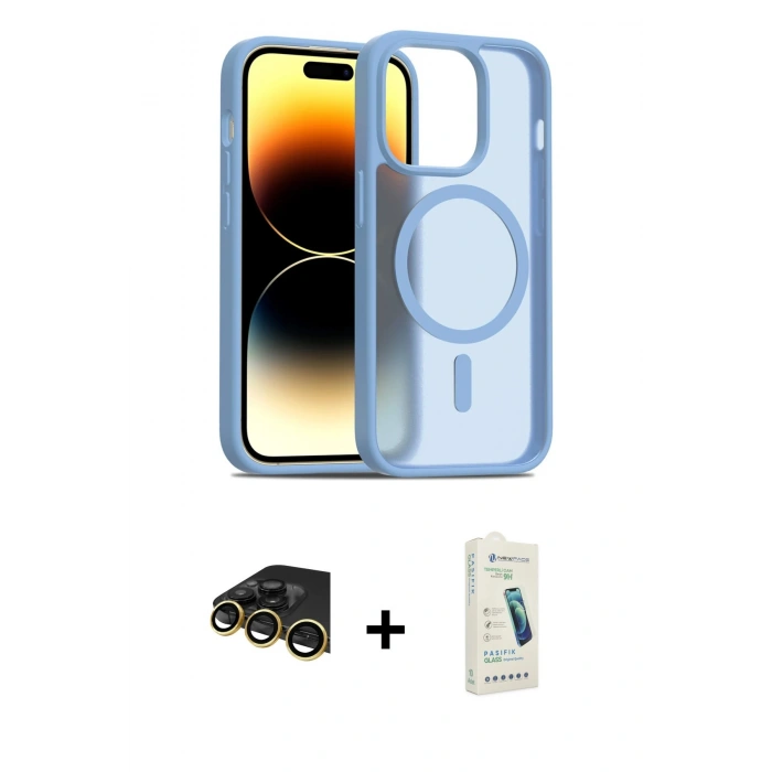 MARSİLYAN™- iPhone 14 Pro Kılıf Siluet Minimal Prime - Şeffaf Pasifik Cam Ekran Koruyucu + Raze Metal Kamera Lens - GD
