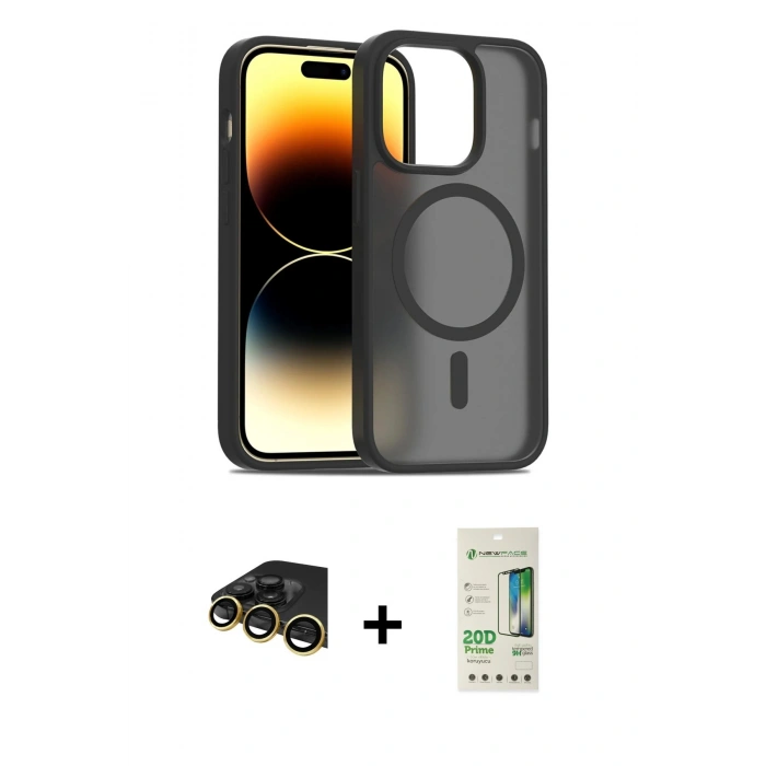 MARSİLYAN™- iPhone 14 Pro Kılıf Siluet Minimal Prime - Siyah 20D Premium Cam Ekran Koruyucu + Raze Metal Kamera Lens - GD