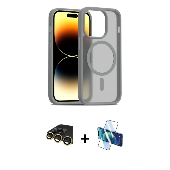 MARSİLYAN™- iPhone 14 Pro Kılıf Siluet Minimal Prime - Siyah 3D Antistatik Cam Ekran Koruyucu + Raze Metal Kamera Lens - GD