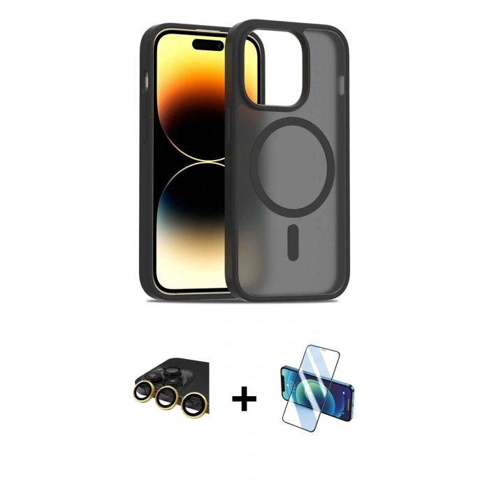 MARSİLYAN™- iPhone 14 Pro Kılıf Siluet Minimal Prime - Siyah 3D Antistatik Cam Ekran Koruyucu + Raze Metal Kamera Lens - GD