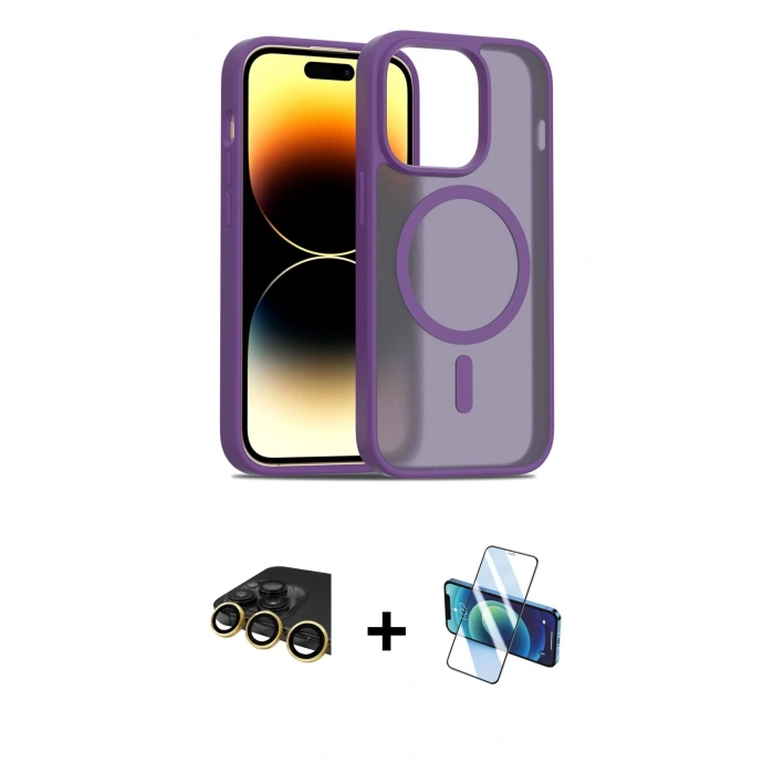 MARSİLYAN™- iPhone 14 Pro Kılıf Siluet Minimal Prime - Siyah 3D Antistatik Cam Ekran Koruyucu + Raze Metal Kamera Lens - GD