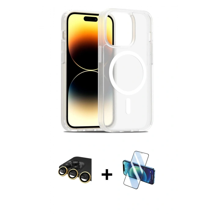 MARSİLYAN™- iPhone 14 Pro Kılıf Siluet Minimal Prime - Siyah 3D Antistatik Cam Ekran Koruyucu + Raze Metal Kamera Lens - GD