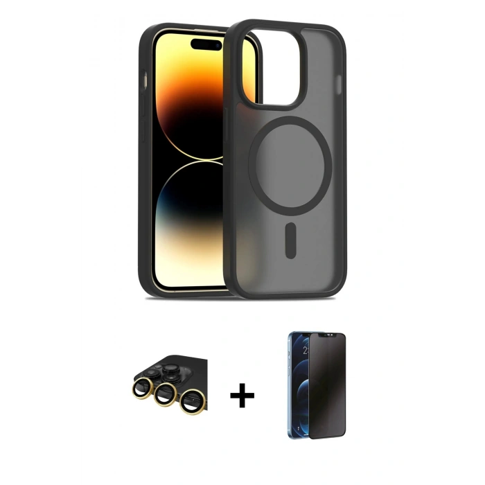 MARSİLYAN™- iPhone 14 Pro Kılıf Siluet Minimal Prime - Siyah 3D Antistatik Hayalet Cam Ekran Koruyucu + Raze Metal Kamera Lens - GD