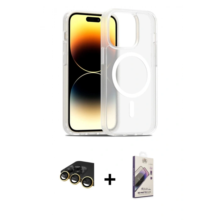 MARSİLYAN™- iPhone 14 Pro Kılıf Siluet Minimal Prime - Siyah Bilvis 3D Mat Cam Ekran Koruyucu + Raze Metal Kamera Lens - GD