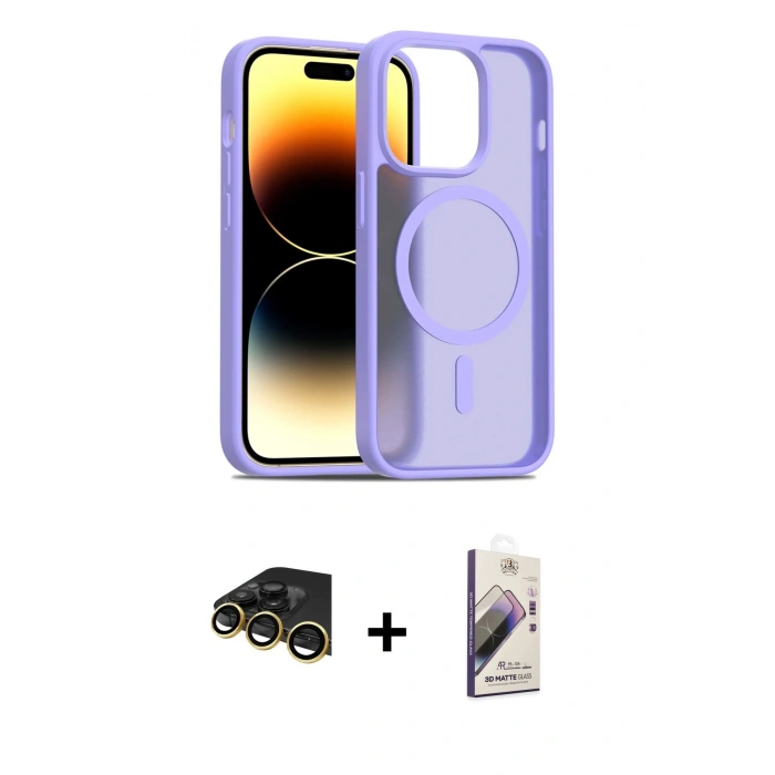 MARSİLYAN™- iPhone 14 Pro Kılıf Siluet Minimal Prime - Siyah Bilvis 3D Mat Cam Ekran Koruyucu + Raze Metal Kamera Lens - GD