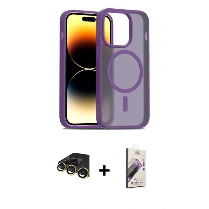 MARSİLYAN™- iPhone 14 Pro Kılıf Siluet Minimal Prime - Siyah Bilvis 3D Mat Cam Ekran Koruyucu + Raze Metal Kamera Lens - GD