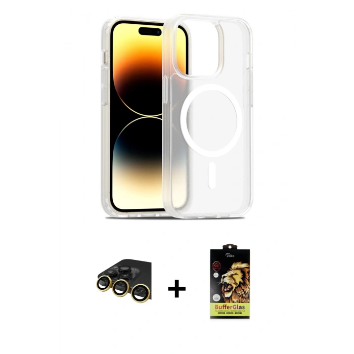 MARSİLYAN™- iPhone 14 Pro Kılıf Siluet Minimal Prime - Siyah Buffer Cam Ekran Koruyucu + Raze Metal Kamera Lens - GD