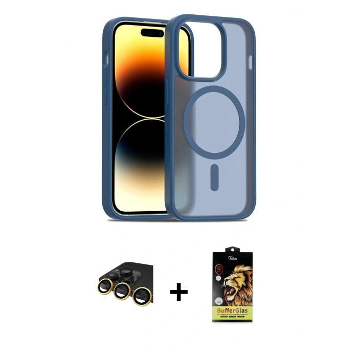 MARSİLYAN™- iPhone 14 Pro Kılıf Siluet Minimal Prime - Siyah Buffer Cam Ekran Koruyucu + Raze Metal Kamera Lens - GD
