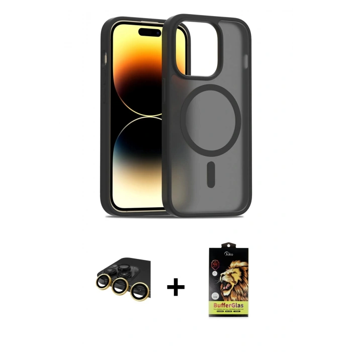 MARSİLYAN™- iPhone 14 Pro Kılıf Siluet Minimal Prime - Siyah Buffer Cam Ekran Koruyucu + Raze Metal Kamera Lens - GD