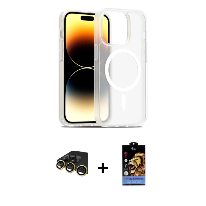 MARSİLYAN™- iPhone 14 Pro Kılıf Siluet Minimal Prime - Siyah Buffer Hayalet Cam Ekran Koruyucu + Raze Metal Kamera Lens - GD